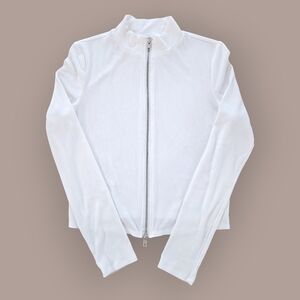 Stitch & Pine White Ribbed Mock Neck Double Zip-Up Jacket Women Size Large